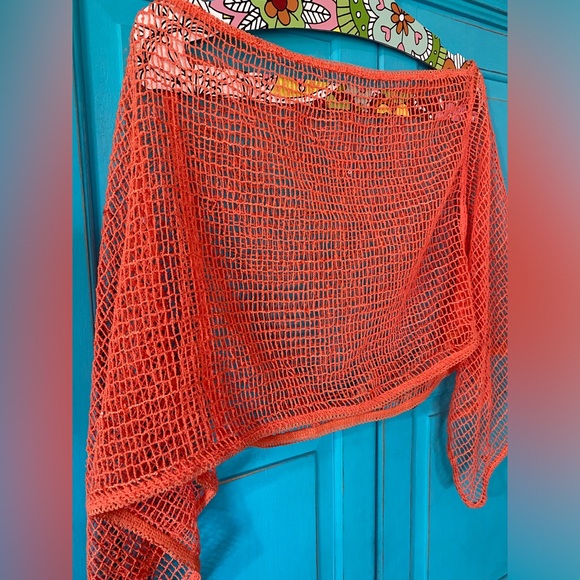 Crochet Woven Loose Weave Open Poncho Orange Bohemian Shrug Femimine Open Size - Picture 3 of 6